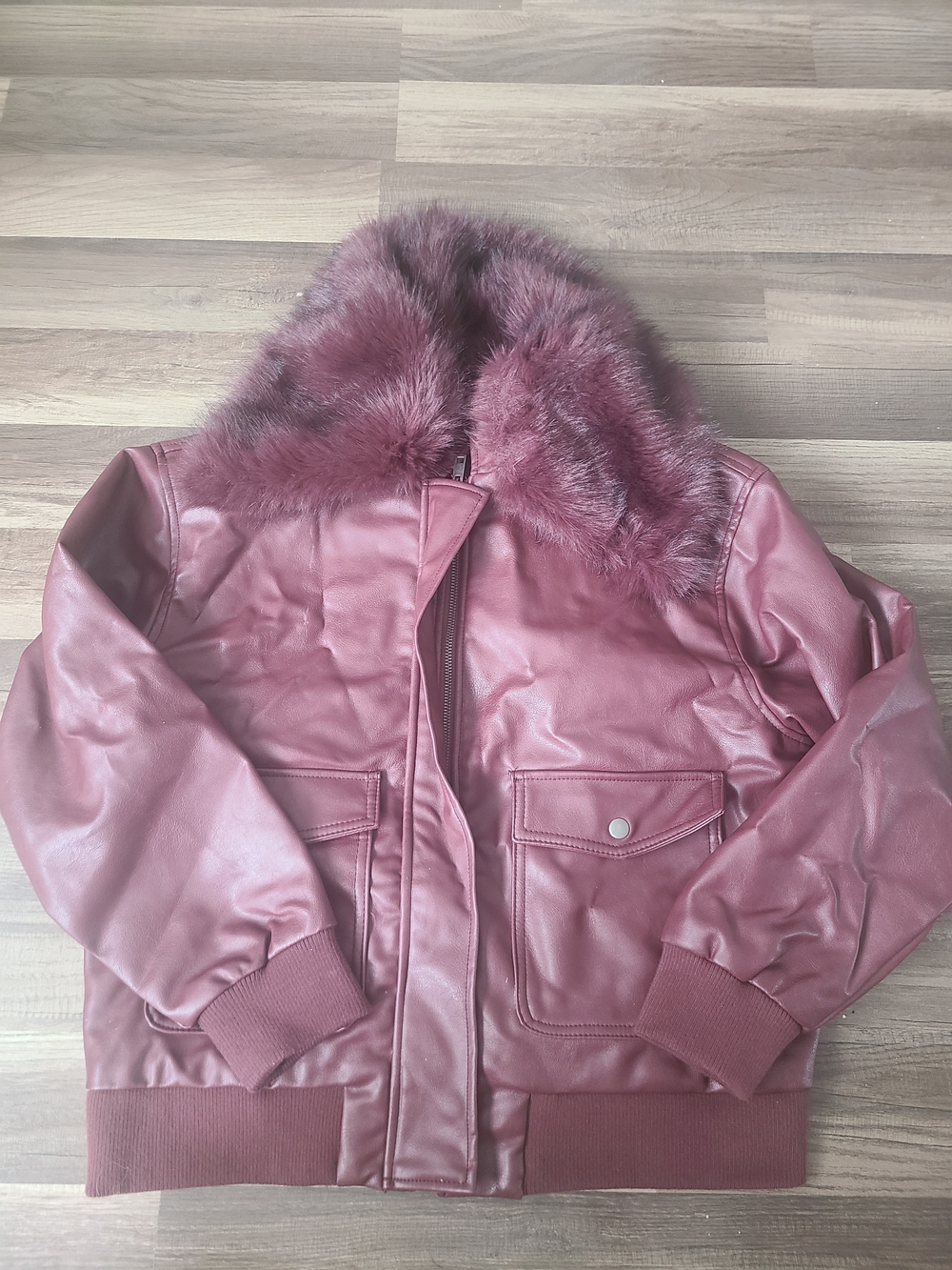 wild fable Burgandy Faux Leather Bomber Jacket with Faux Fur Collar